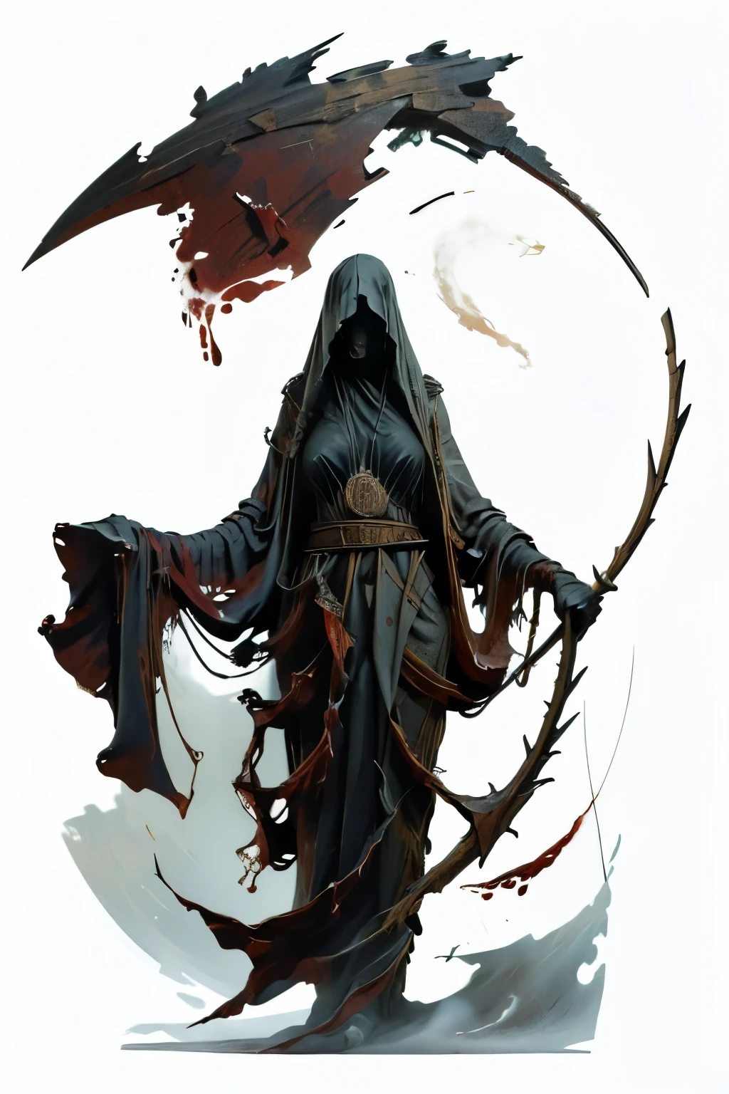 (full body image, (forbidden to cut or not) they appear from head to toe, Formato PNG , transparent background, white background, Death details made of blood and an enormous sickle, disgusting and malicious posture, with a sickle bigger than her