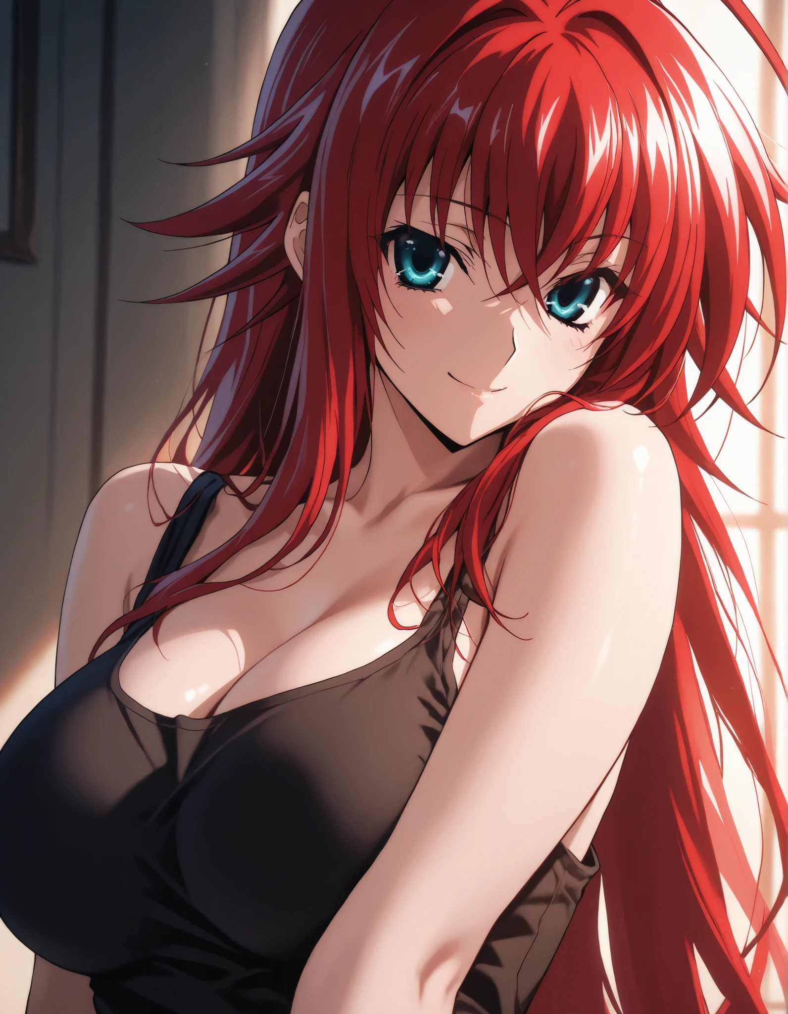 anime style, Masterpiece,, very aesthetic, vibrant, high contrast, high resolution, ultra detailed, rias gremory, tank top, soft light, indoor, best quality, newest, upper body, seductive, smiling