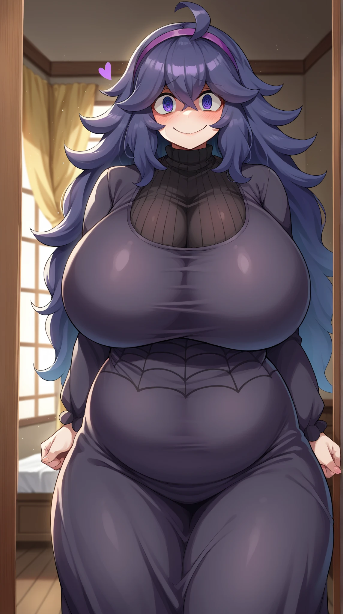 ((masterpiece:1.2)), best quality, ((extreme detail)), (official art), (ultra-detailed), anime screencap, extremely, detailed, (CG), 3d, unity model, 8k, wallpaper, hex maniac, hex maniac(pokemon), 1girl, solo, (lying), hotel, (eating), food, (full body view), (huge breasts), wide hips, (long sleeved turtleneck sweater dress), purple clothes, taut dress, embarrassed, purple eyes, cowboy shot, crazy eyes, (shaded_face:1.3), anime, bursting breasts, wrinkles in clothes, sweat, plump, flustered,