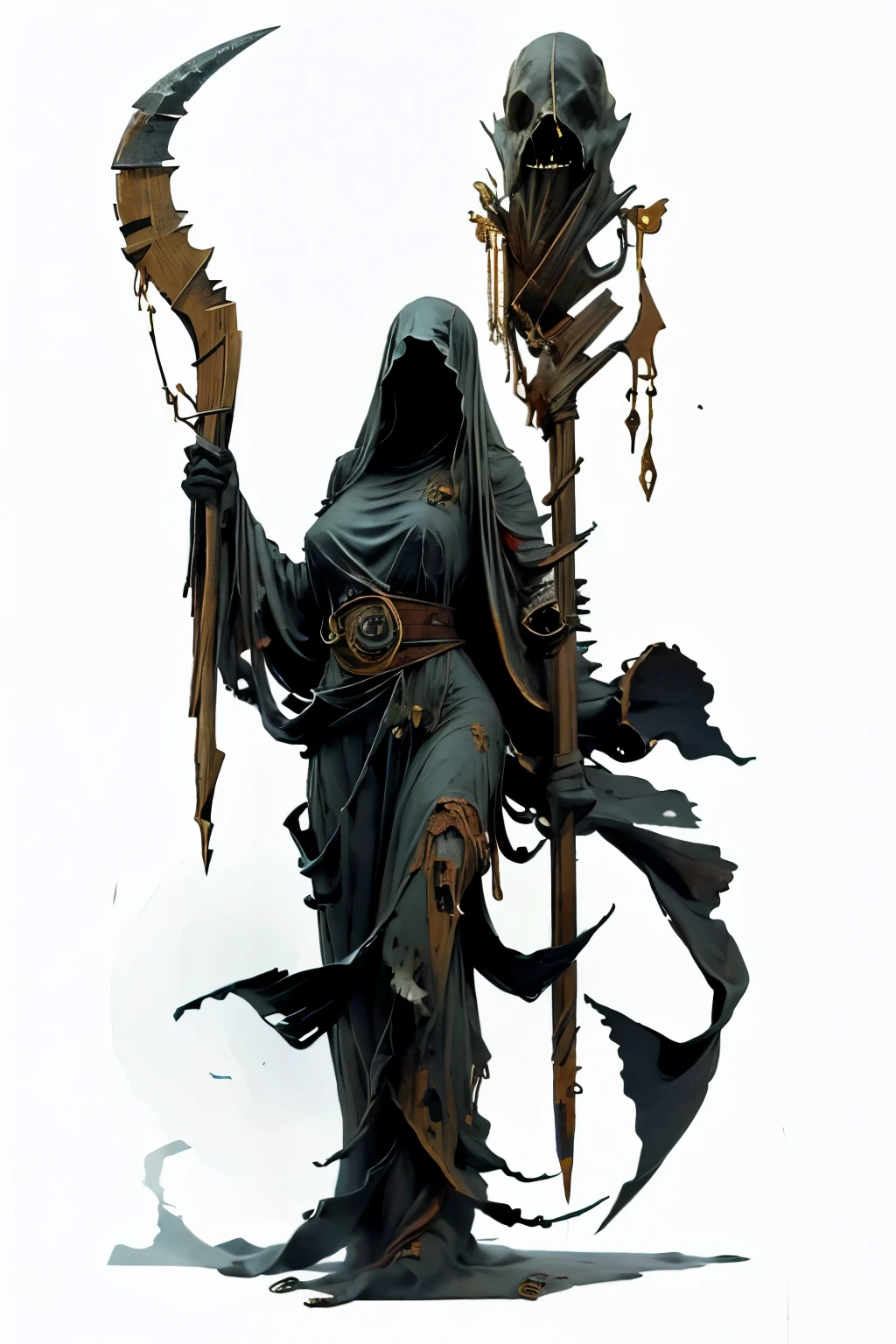 (full body image, (forbidden to cut or not) they appear from head to toe, Formato PNG , transparent background, white background, Death details made of blood and an enormous sickle, disgusting and malicious posture, with a sickle bigger than her, a curved iron sickle