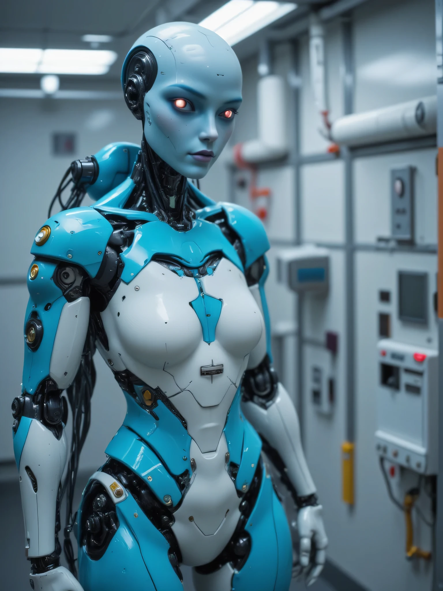 Award-Winning Wallpaper, portrait photography. A blue and white female crash test dummy stands in front of a blank wall. Side profile, close shot. She has no hair, and LED lights for eyes, one of which is not working. Various markings, numbers and arrows on her body show access points and key damage points. She is looking at the viewer, waiting for her instructions.