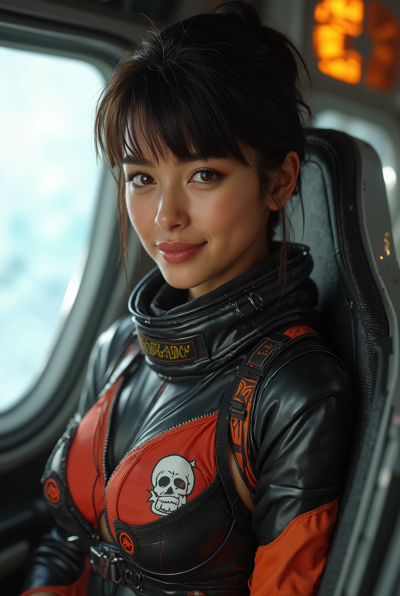 ((top quality)), (Masterpiece)), ( Details: 1.4), 3d, An absurd resolution, high definition, (Masterpiece: 1.4), ultra detail, 1 beautiful Mexican girl, (dark skin:1.4), bangs, image of the futuristic pirate woman, skull and crossbones mark, female space pirate, Shiny brown short hair, beautiful iridescent eyes, beautiful faces, toned body, muscular, 20 years old, seductive smiling, Spaceship, (floating:1.9), small, (matte black and red and orange Space Suit:1.4), Tight fitting space suit that accentuates the body lines, Spaceship, window, future, dynamic poses, Costume Change, cinematic lighting