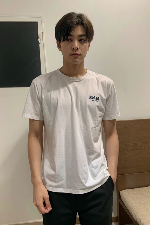 (super sharp focus), (Hairy legs), (((full body))), Japanese man, twenty years old, very short hair, Black Hair, sitting, Wearing shorts, Wearing a T-shirt,