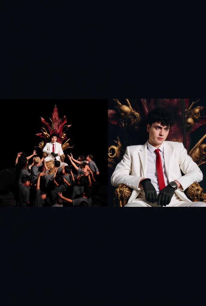 A man with a masculine face, pinkish white skin, a pink underwear-structured body, natural red curly hair ,
very handsome sitting on a golden throne with two other young men on his side with chains around their necks like the devil card in the tarot