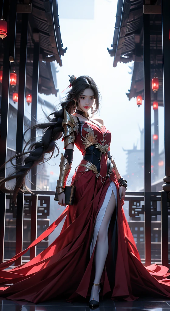 Woman in orange outfit, view the viewer, Purple wings, Slim waist, Long hair, Ultra-detailed details, High-end Zhenyi station, Rainstorm site, detailed fantasy art, Stunning character art, Beautiful and exquisite character art, Beautiful orange armor, Extremely detailed, Girl in shiny armor, Exquisite tiaras and jewelry, Crystal jewelry filigree, milky ways, Stunning visuals, (dynamic streaks, light tracks:1.2), Vibrant colors, attractive pose,