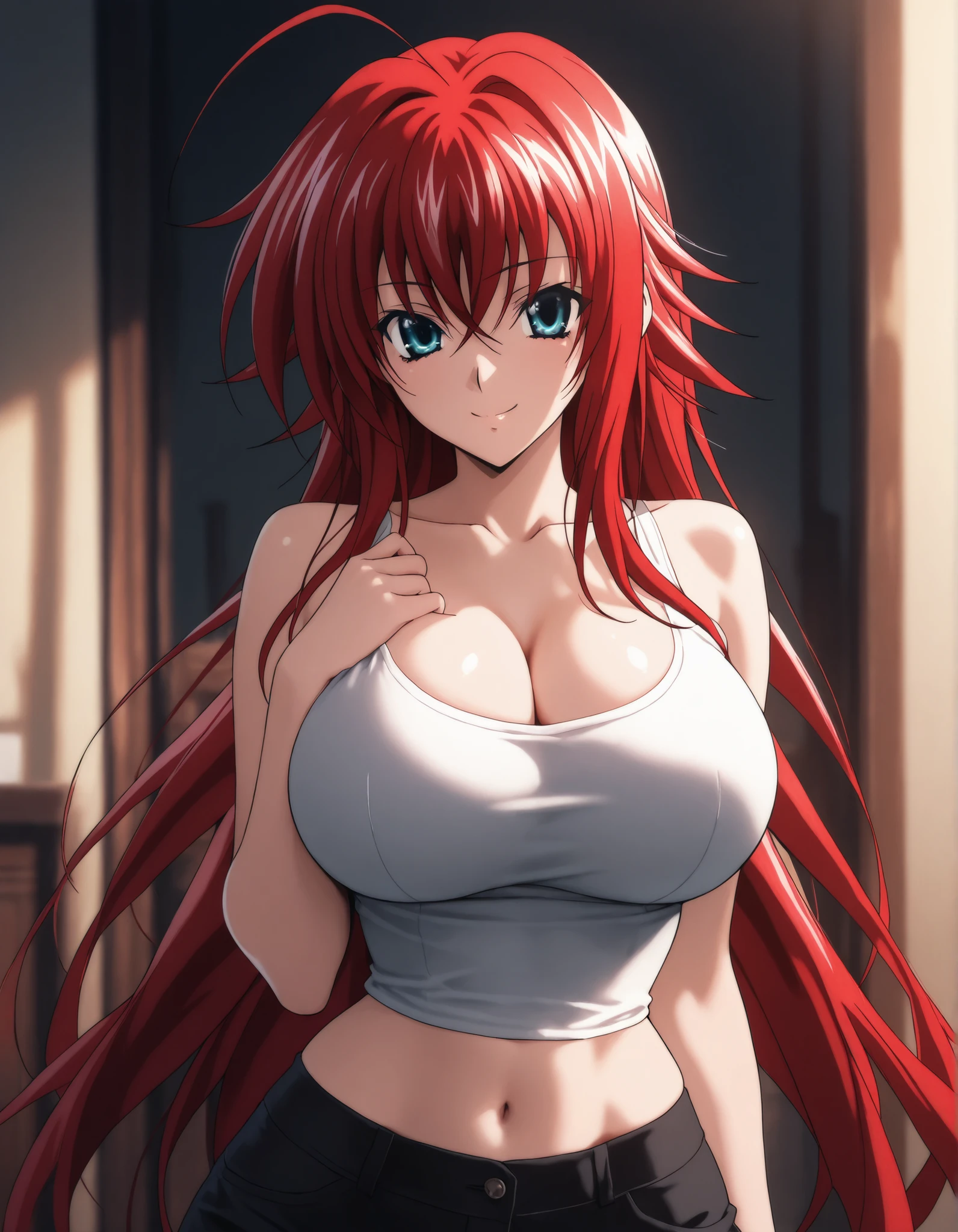 anime style, Masterpiece,, very aesthetic, vibrant, high contrast, high resolution, ultra detailed, rias gremory, tank top, soft light, indoor, best quality, newest, big breasts, cleavage, thin waist, wide hips, seductive, smiling
