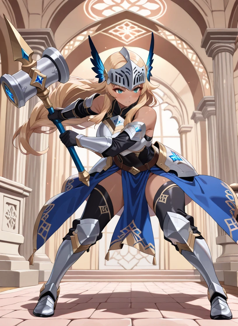 ((dark-skinned Haitian girl)), (halo floating above fluffy bunny ears), leopard tail, sapphire blue hair color, dark blue eyes, magic sword in hand, long flowing Persian cloth sash wrapped around waist, dark iron chest armor, tarnished angular gauntlets, black long sleeve shirt under armor, properly drawn magic sword in hand, extreme detail, digital art, Divine Magic Knight Armor, baggy puffy pants, metal boots, fully armored, Baggy puffy pants.