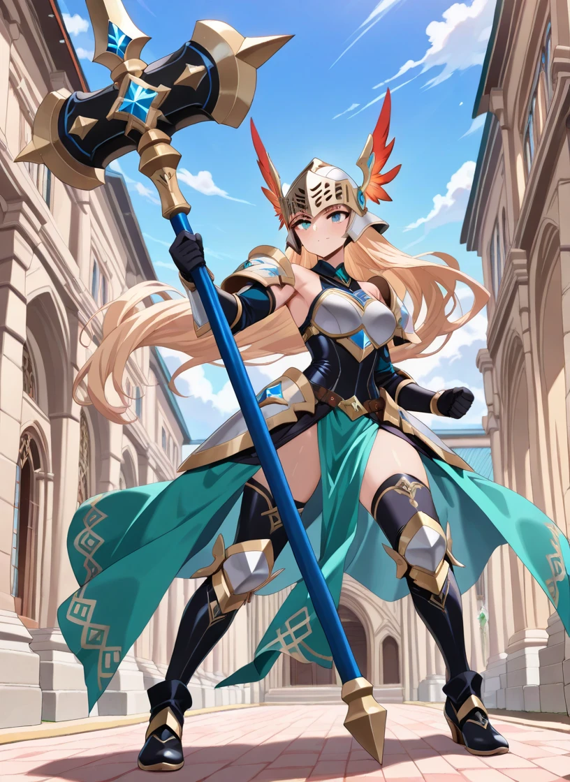 (masutepiece, Best Quality),shield, 1girl, weapon, solo, faux-figurine, holding-shield, long-hair, breasts, sword, green-hair, holding, navel, armor, holding-weapon, open-mouth, large-breasts, grass, looking-at-viewer, full-body, holding-sword, belt, smile, thighhighs, cleavage, shoulder-armor, yellow-eyes, monster-girl, tail, standing, gauntlets, flower, midriff, standing-on-one-leg, bangs, (scales), helmet, bare-shoulders pauldrons, blush, green-tail, bikini-armor, upper-teeth-only, pelvic-curtain, teeth, armored-boots, blue-thighhighs, very-long-hair, black-thighhighs, wavy-hair, knight, ((scaly skin))