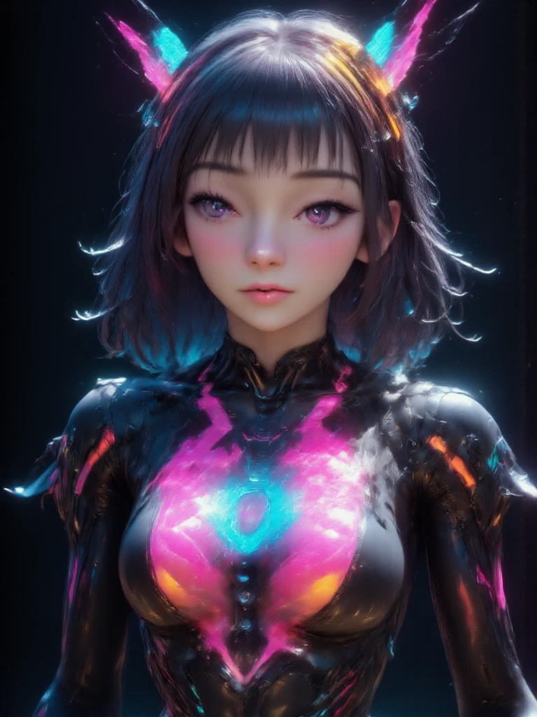 (masutepiece, of the highest quality, Best Quality, offcial art, Beautiful and aesthetic:1.2), (1girll:1.3), Extremely detailed,(Fractal Art:1.2),Colorful,highest details,( Zen Neon:1.2), (Dynamic Pose), (Abstract background neon lights:1.5), (Trident Dresses:1.2), (Shiny skin), (many colors:1.4), Upper body ,neon light,16 K,Full-HD , ((Breasts are big))