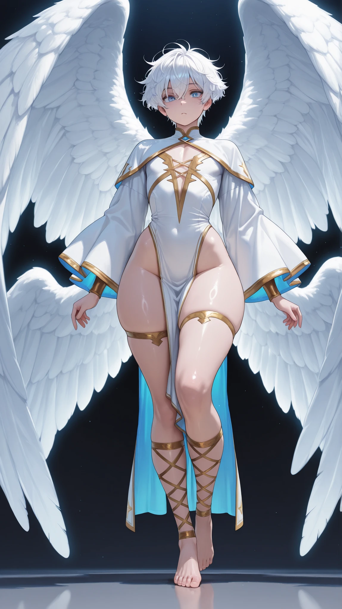 A young 15- yr old native European girl with lovely charminvg face,( brown skin texture masterpiece), (perfect full body detailed anatomy), (Super accessories detailed), (meditating ), (perfect detailed glowing bright eyes),(short illuminating lemon crystalized hair),((expose big hard erect nipples))(( exposed panty ))(legs wide open showing pussy line)(( Wearing transparent illuminating costume of an angel)),holding a treasure swords (( illuminating different lights covering the sorrounding atmosphere)) Has beautiful large white wings, The character solemnly praying
