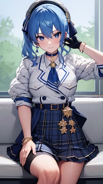 8k,best quality,masterpiece, highest quality, High resolution, SUI1, 1 girl, alone, side ponytail, hoshimachi suisei, small tit, slim, slender, fingerless gloves, single thigh high, jewelry, single socks, thigh strap, bracelet, blue socks, button, single knee high, plaid dress, blue choker, blue belt, plaid skirt, mini crown, gray skirt, blue ascot, long sleeve, Plaid jacket, cowboy shot, perfect finger, naked face down,（prostration） ,naked dogeza, nude,