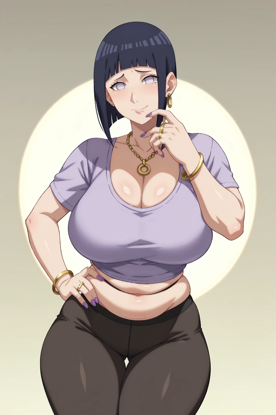 1girl, thick thighs, luxury model, putting on jewelry, Curvy figure, stylish high class aesthetic, wide hips, contemporary professional makeup, eyeshadow, eyeliner, expensive heels, tight, (Tight purple shirt with scoop cleavage and open navel), short sleeve,gradient hair, dark blue hair, short Bob hair, hyuuga_hinata inoue orihime, tight blue yoga pants, photoshoot, (masterpiece, best quality, high quality, high detail, detailed face, detailed eyes, detailed body),(Buzz cut bowl cut hair),Gloosy lips,(Gold chain necklace),classy Hoopa earring,plump,ear visible,Buzz cut hair,Golden Bracelet,Buzz cut hair,ear visible,plump,bloated belly,unnatural big breast,Enchanced big breast