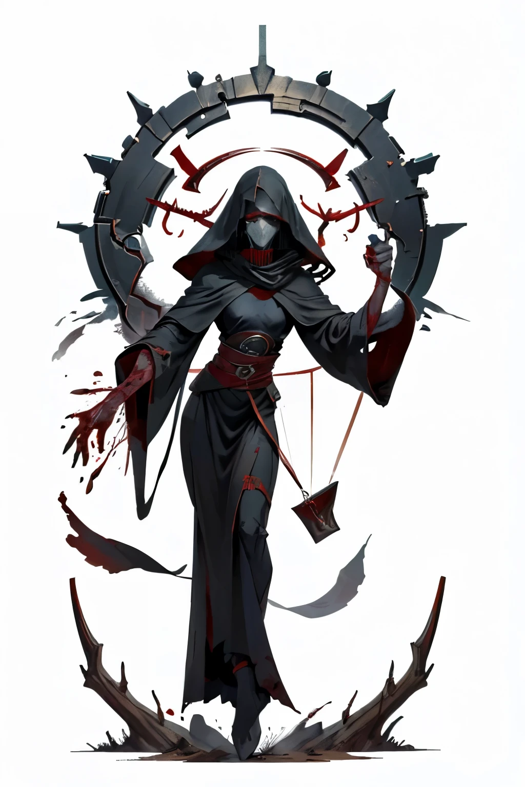 (full body image, (forbidden to cut or not) they appear from head to toe, Formato PNG , transparent background, white background, Death details made of blood and an enormous sickle, disgusting and malicious posture, with a sickle bigger than her