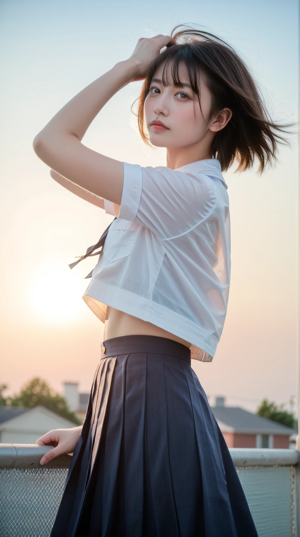 (((masterpiece: 1,5, best quality, High resolution, Super resolution, Super detailed: 1,2, rich background: 1,4))), (close up), at sunset，Spectacular sunset scenery，(1 girl), alone, exquisite eyes,double eyelids， long hair，蓝ribbon, hair accessories, blunt bangs, Smile, high school girls, Medium chest, ((hands behind back)), japanese clothes, (Blue short student outfit、pleated skirt), High heel, ribbon, Heart, ((outdoor)), Cherry blossoms, Cherry blossomss fall, ((sunset light: 1,3)), (Background of Mt. Fuji)，Different perspectives