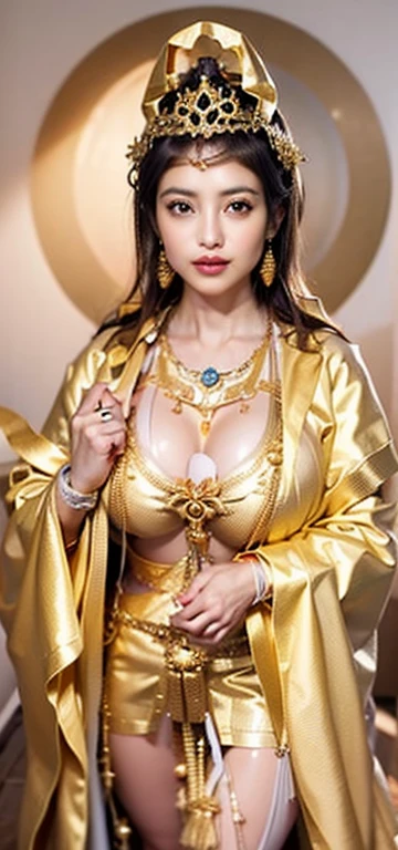 ((Realistic lighting, Masterpiece: 1.3)), (raw photo:1.2), Hyperrealist portrait gorgeous Beautiful tribal Chinese leader, mature woman, 40 years old, Milf, beautiful serious face, wrinkled face, beautiful detailed charming eyes, (pretty big breasts: 1.1), ((tribal white cape: 1.1), (tribal white mix gold strapless), (white tribal dress)), tribal loin cloth, tribal jewelry, native american attire, tribal diadem circlet, tribal palace background, legendary style, epic style, full body, sit on tribal throne, professional photography, font view, very detailed faces, (red lips, subtle makeup: 1.3), Best quality, 8K, colorful style
