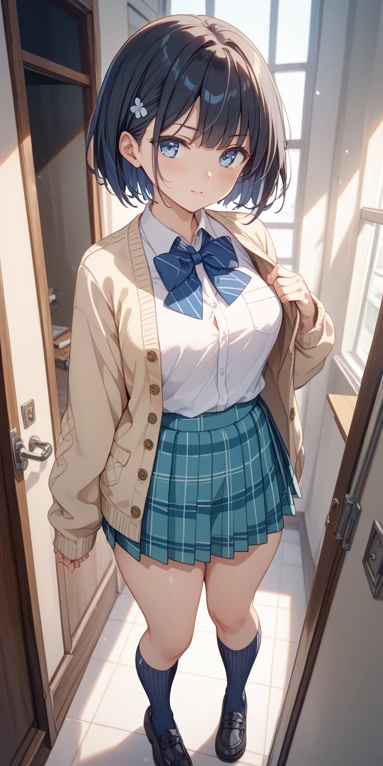 classroom,Girls in uniform,high school student,Are standing,Looking forward,naked,Normal milk,Normal boobs,Nipples are visible,Black Hair,Short Hair,Blue Eyes,No clothes,Tempting,Tempting顔,Tempting,正面から見るAre standing,Not looking at me,Looking away,Turn away,Angle from below,Watch her from below,View from below