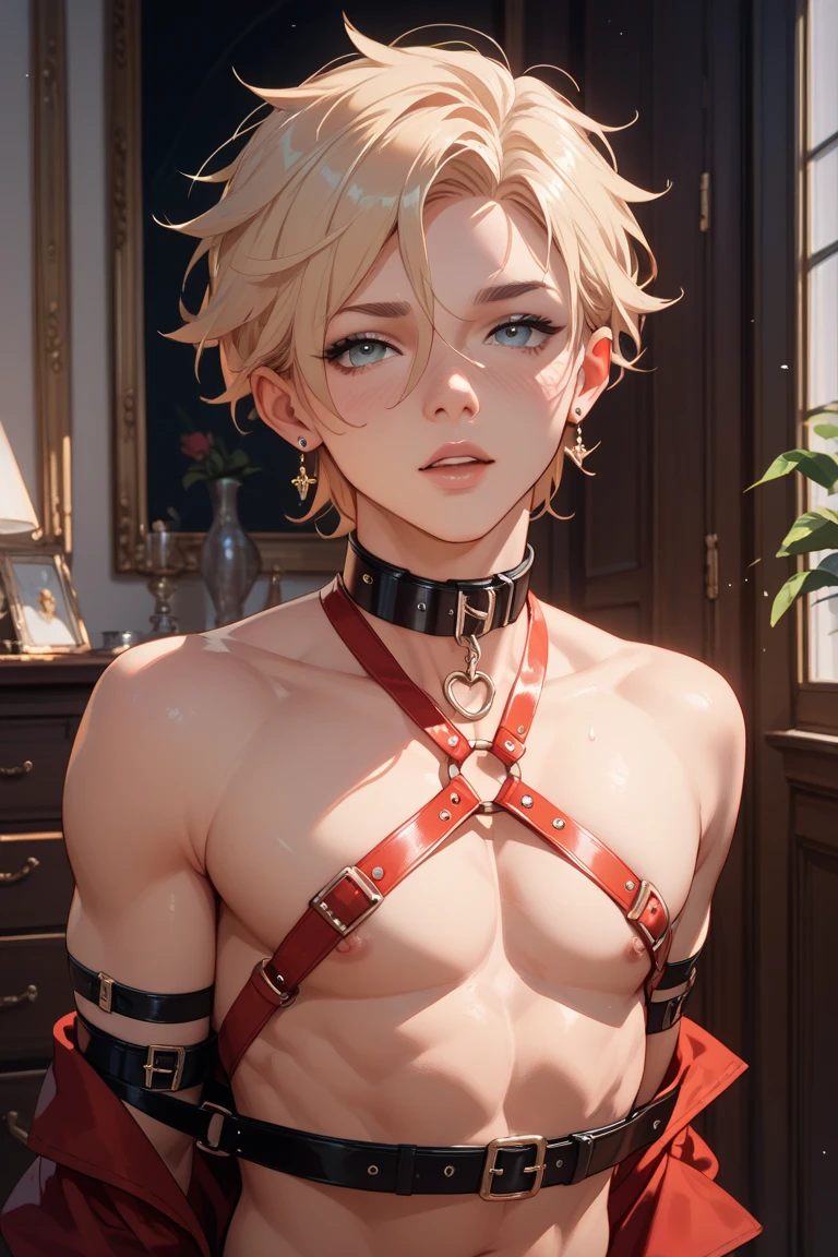nsfw,, (Beautiful Boy),Watery eye,blush,Thief,, young,, flat chest, blonde short hair,