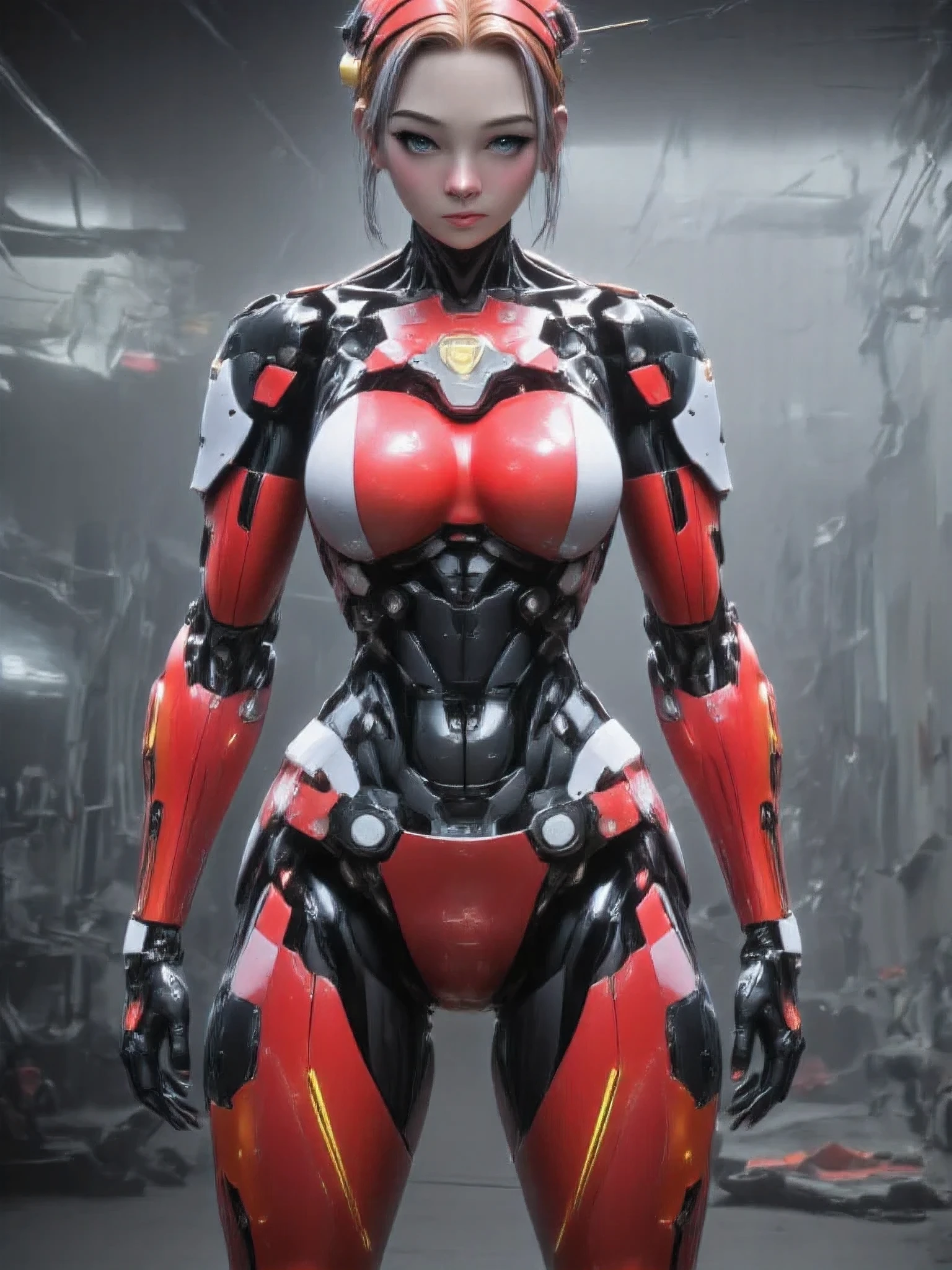 Award-Winning Wallpaper, portrait photography. A red and white female crash test dummy stands in front of a blank wall. Side profile, close shot. She has no hair, and LED lights for eyes, one of which is not working. Various markings, numbers and arrows on her body show access points and key damage points. She is looking at the viewer, waiting for her instructions.