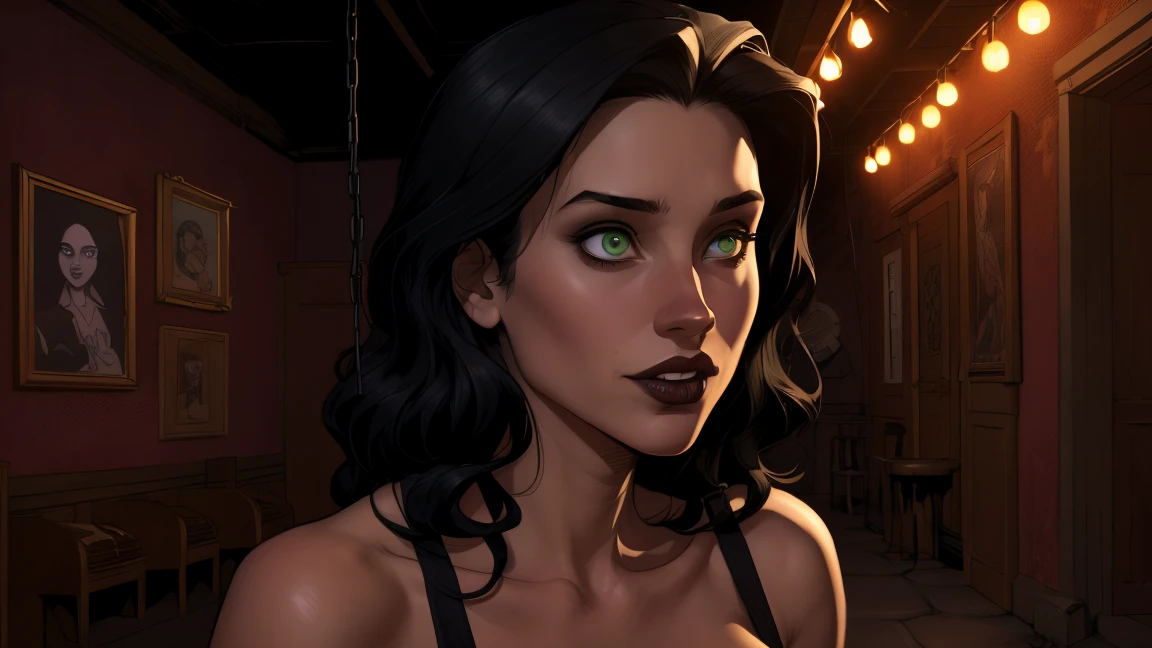 (nsfw), (best quality, masterpiece), (((1girl, gigantic breasts, 28 years old))), naughty face, grin, black cami , thigh gap, collarbone, long hair, half-up half-down hairstyle, black hair, black eyes, makeup, eyeshadow, mascara, black lipstick, heavy shadows, indoors, dark and gloomy, rim lighting, light stains, dimly lit, (Leaning, cowboy shot), <lora:[LoRa] Birch Light:0.3>