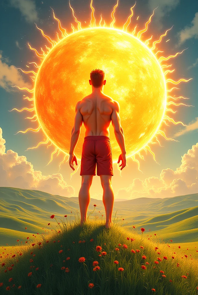 Man standing on high rock bare torso muscular but slim with open arms head raised towards height eyes closed next to a waterfall, strong wind, about to jump , wonderful nature, red sky setting sun hyperrealistic high resolution    