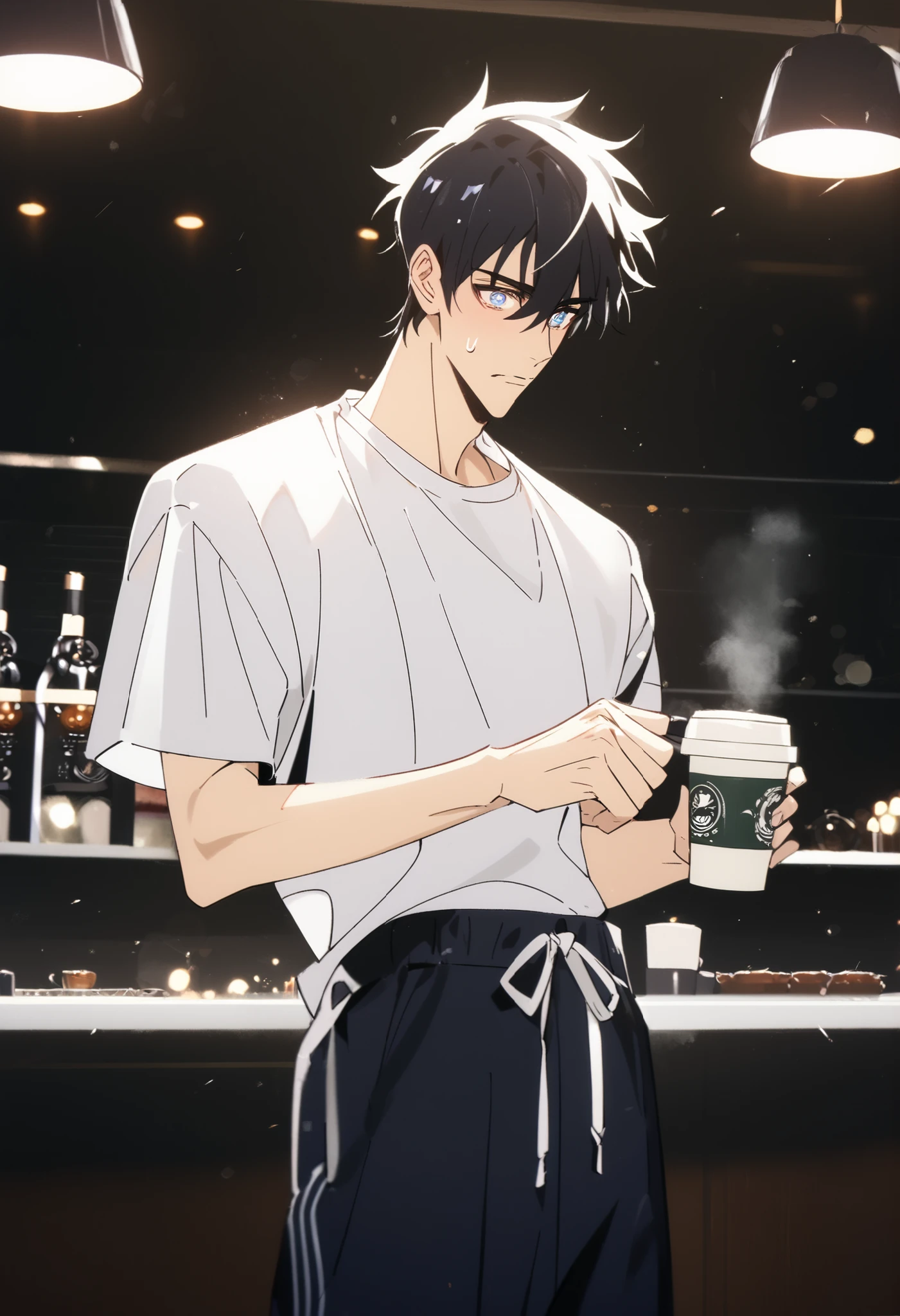 (Masterpiece, absurdres, topquality) 1boy, solo, maturemale, sungjinwoo, black hair, blue eyes, tall, white shirt, grey baggy sweatpants, dark atmosphere, glowy eyes, bishounen, tsurime, ambient lighting, (day), light streaks, dust bokeh, modelling, photoshoot, coffee shop, cowboy shot