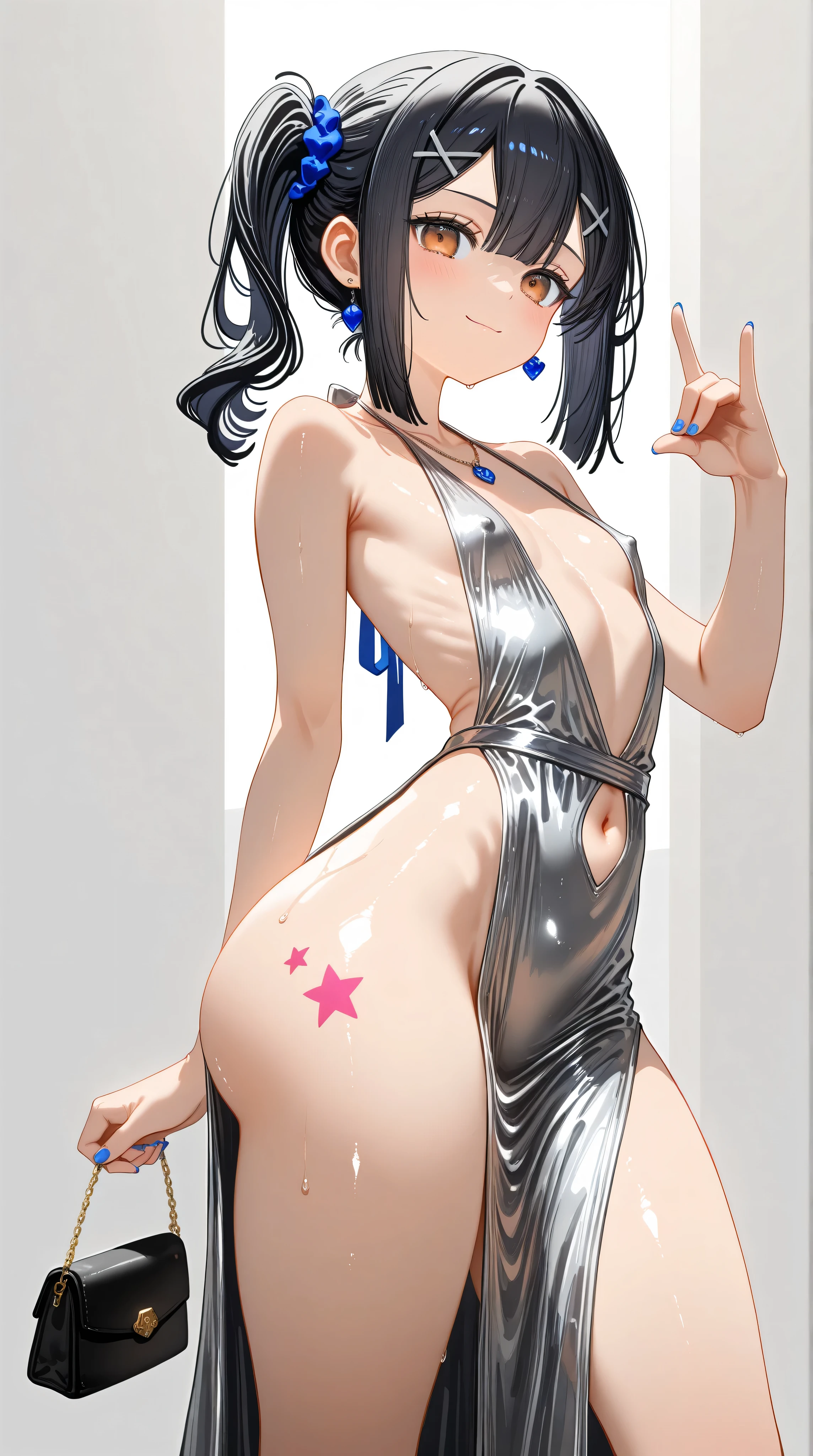1girl,(Miyu Edelfelt),loli,toddler,petite,cute face,black hair,brown eyes,seductive smile,solo,huge ass,colored skin,erect nipples, jewelry, dress,necklace, bangs,x hair ornament, bare shoulders, side ponytail, halterneck, plunging neckline, sidelocks, halter dress, backless outfit, silver dress, nail polish, backless dress,closed mouth, blush, bag, revealing clothes, earrings, hairclip, handbag, sweat, looking at viewer, evening gown,star tattoo on back neck,(jojo pose,Kakyoin pose), jojo pose,standing,leaning back, legs apart,\n/,center opening,navel,thighs, blue nails, flat_chest, official alternate costume, hair between eyes, best quality, amazing quality, very aesthetic, absurdres,masterpiece,best quality,newest,highres,absurdres,very awa,shiny skin,(artist:loika:0.5),(artist:xiaoshou xiansheng:0.8),artist:rin31153336,artist:gawako,(oiled),