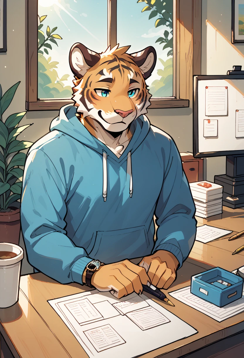 Big muscle furry tiger man blue green eye trouser and Shirt smile