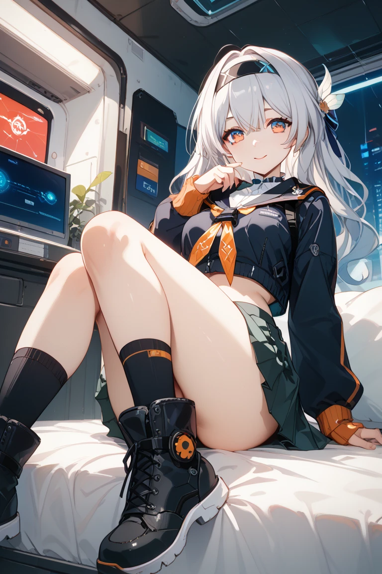 ((Best Quality)), ((Masterpiece)), (Detailed), Perfect Face, Very Detailed, Masterpiece, Best Quality, Official Art, Extremely Detailed CG Unified 8k Wallpaper, Dynamic Eyes, Full Body Portrait
single, ((((crotch rub by hand)))), ((((hands on crotch)))), ((((fingering)))), (((female_ejacuation))), sitting on the ground, ((((spread legs))))
trendy style, thin legs, long silver-gray hair, shoulder-length hair, a futuristic blue halo on her head, future-styked clothing, with a mechanical feel, ((dark blue skirt with bright blue stripe)), ((black jacket with blue stripes)), (JK short skirt), ((cat ear headphones on the head)), ((watery eyes))