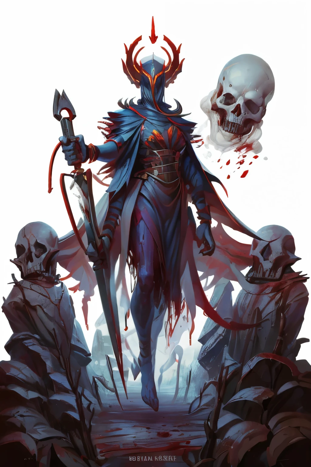 (full body image, (forbidden to cut or not) they appear from head to toe, Formato PNG , transparent background, white background, Death details made of blood and an enormous sickle, disgusting and malicious posture, with a sickle bigger than her