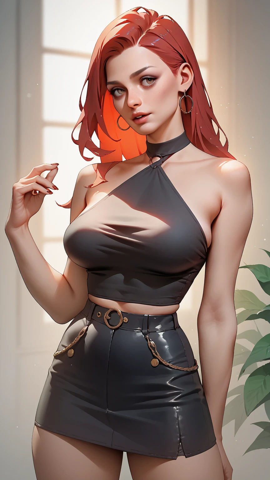 Beautiful eyes, (croptop), (black jeans), (full arm tattoo), illustration, (shop background) ((masterpiece)), (best quality), ((ultra-detailed)), beautiful detailed eyes, (wampire), ((modern landscape)), (original, highres), realism, semi-realism, (overexposure, illustration, ambient light), (beautifully detailed), (ultra-detailed), (light-shadow_symmetry:1.3), smooth, (perfect shading), (perfect rendering), (dynamic angle, natural pose), ((good anatomy)), (smile), demonic aura, (luscious ginger hair), (hair over one eye), (detailed face), ((intricate face)), smile, depth of field, dynamic from above, cinematic lighting, (photorealistic), (sharp-focus)