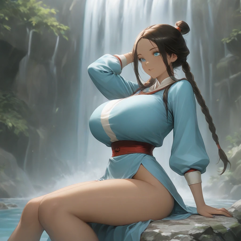Girl naked and blue body paint、ponie tail、Full body like、Detailed face、Pose shooting、Nipple and areola shape、Master Masterpiece、dark cavern、On the water、Sparkling water、A ray of light、High Contrast、best qulaity、Top image quality、Mystical scene、Open legs、Thighs make them thinner、shinny skin、Yellow liquid running down from the crotch、Japanese-style toilet bowl、(blushes:1.0)、Tying the mouth、Squatting with M-shaped legs、Brown hair bun hair、Anatomically correct body