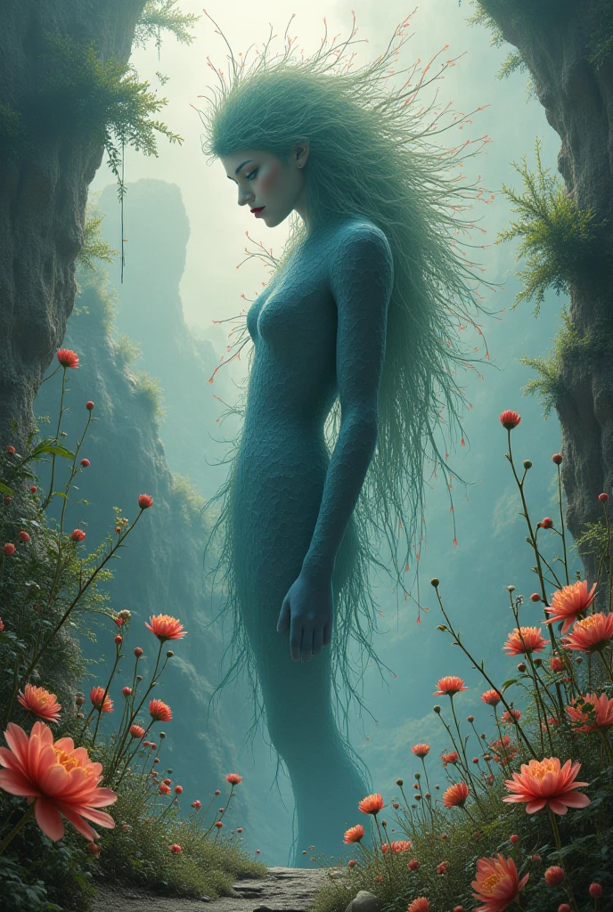 A full-body shot of a charismatic young influencer naked, with long dyied blue hair and light blue eyes captured in a serene forest clearing, surrounded by nature, with dappled sunlight filtering through the trees onto their skin. iPhone 14 Pro Max triple front camera, capturing natural light and shadows, raw