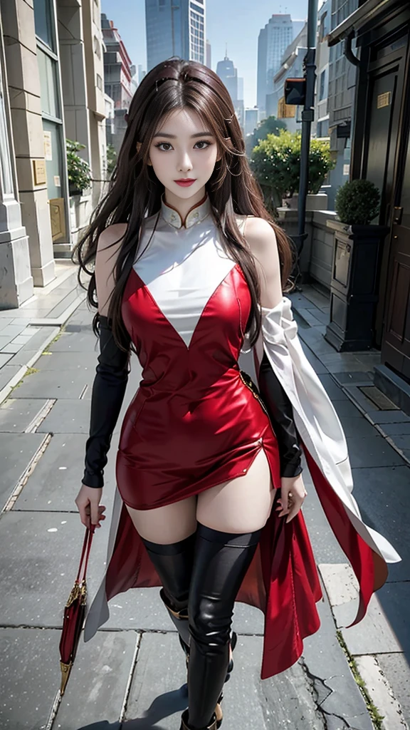 Araffe dressed as a snow white with a red bow and a red bow, beautiful vampire queen, realistic cosplay, Marceline from Adventure Time, anime girl cosplay, 4K HD snow white hair, beautiful vampire queen, snow white as a d &d fighter, snow white, anime cosplay, cosplay, vampire Carmilla, with long dark hair, on the streets,torn clothes,large breasts
