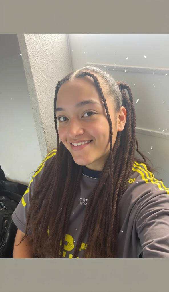 Beautiful brown-skin  girl with breathtaking smile  wearing a retail worker uniform ，She takes a selfie from the top，She's having（（detailed skin textures）），realistic skin textureig brown eyes））and cute lips，Petite girl wearing a trendy outfit at a mall, she has faux-locs hairstyle