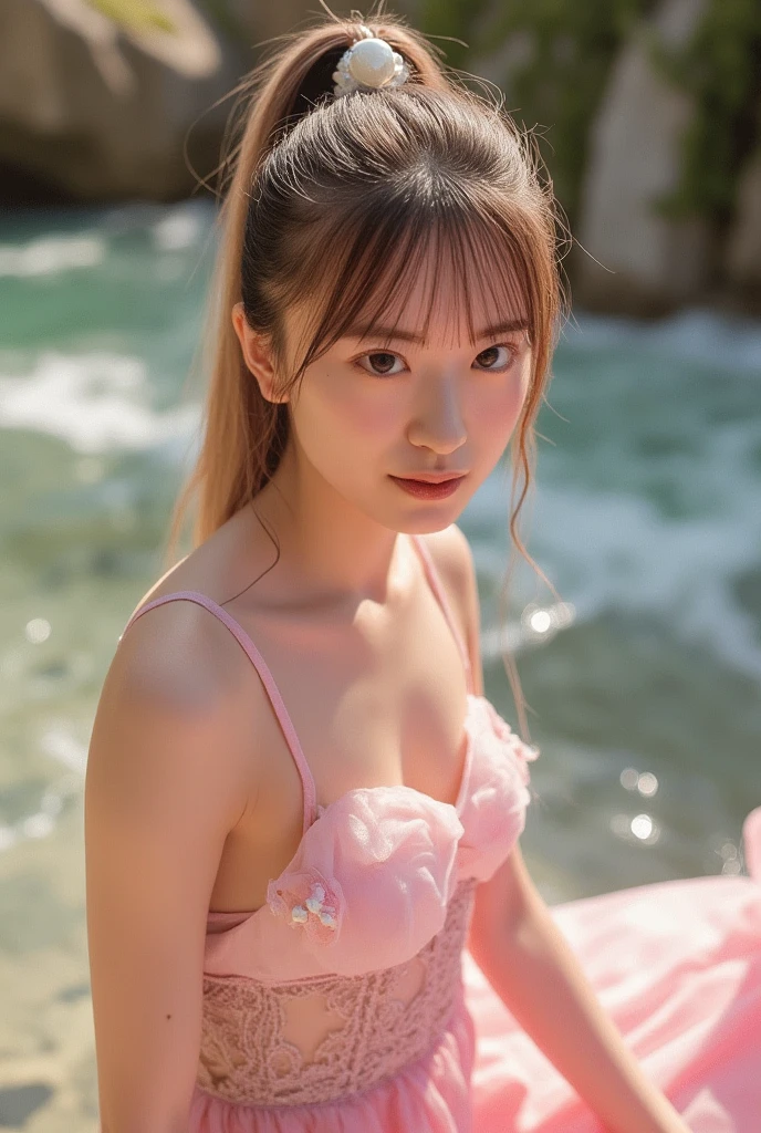 A girl, sea, underwater, underwater, under water, bubbles, wet clothes, wet body, low angle, hair ornaments, translucent kimono dress, white kimono, white kimono, choker, transparent white bikini: 0.8, transparent skirt: 0.7, natural daylight, best quality, masterpiece, illustration, an extremely delicate and beautiful, extremely detailed wallpaper, CG Unity wallpaper, extremely detailed, CG Unity, unit, 8k, incredible, with fine details, masterpiece, official art of the best quality 8k, CG Unity wallpaper absurd, absurd, incredibly absurd, size of huge, ultra-detailed, high-resolution, extremely detailed file, beautiful detailed girl, extremely detailed eyes and face, beautiful detailed eyes, (RAW photo, best quality), (realistic, photorealistic: 1.3), light on the face, full body, full body photo, ((face in the shape of a triangle)), (whitish pink hair: 1), long hair, (big and perfect eyes), ((puffy eyes)), ((small breasts)), (fantastic breasts)), (fantastic breasts)), (Idol of the Pop), (aegyo sal), bangs, thin, (posing), (smiling), happy, looking at the viewer, from front, small fish, flowers