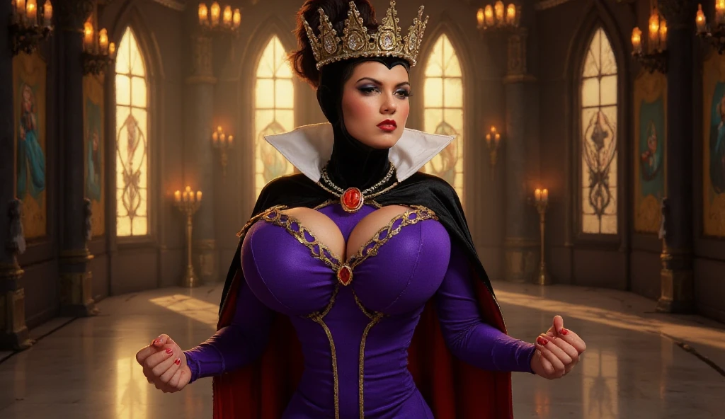 ((highest quality)), ((masterpiece)), ((be familiar with)), ((Accurate)), ((Realistic)), (Realistic), (Best Shadow), Cinematic, (Complex:1.4), High contrast, Side lighting, 8K, ((Bryce Dallas Howard)), ((Accurate手と指)), ((The evil queen squatting over one man's face)), 43-year-old Caucasian female、(Voluptuous body)、Large Breasts、Narrow waist、Big Ass、glamorous、Beautifully grown black nails、Black glitter lipstick、sneer、Black and purple robe、NSFW, ((woman on top)), 1boy, Audience Chamber、Angle from directly below the front