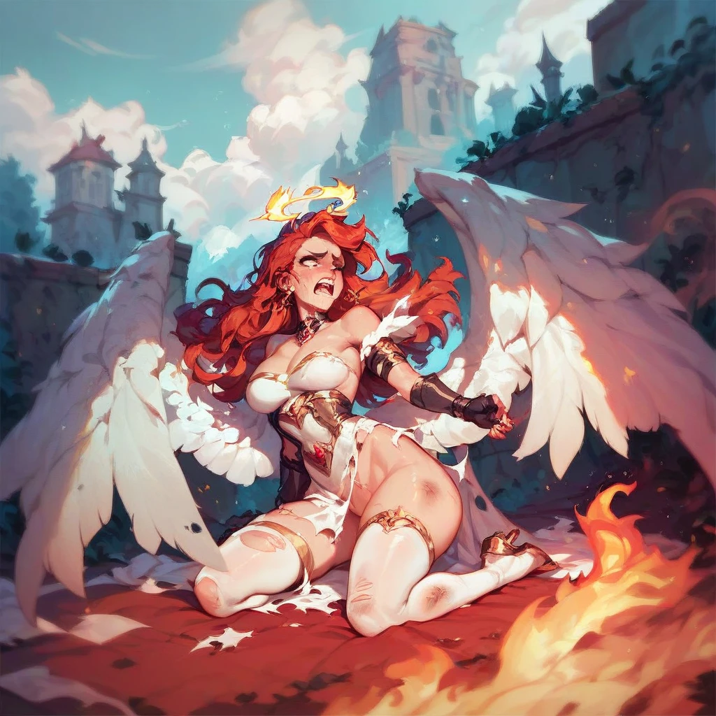 Golden statue of a girl, angel, red crystal horns, white background, eyes covered with bandage, silent art, nude