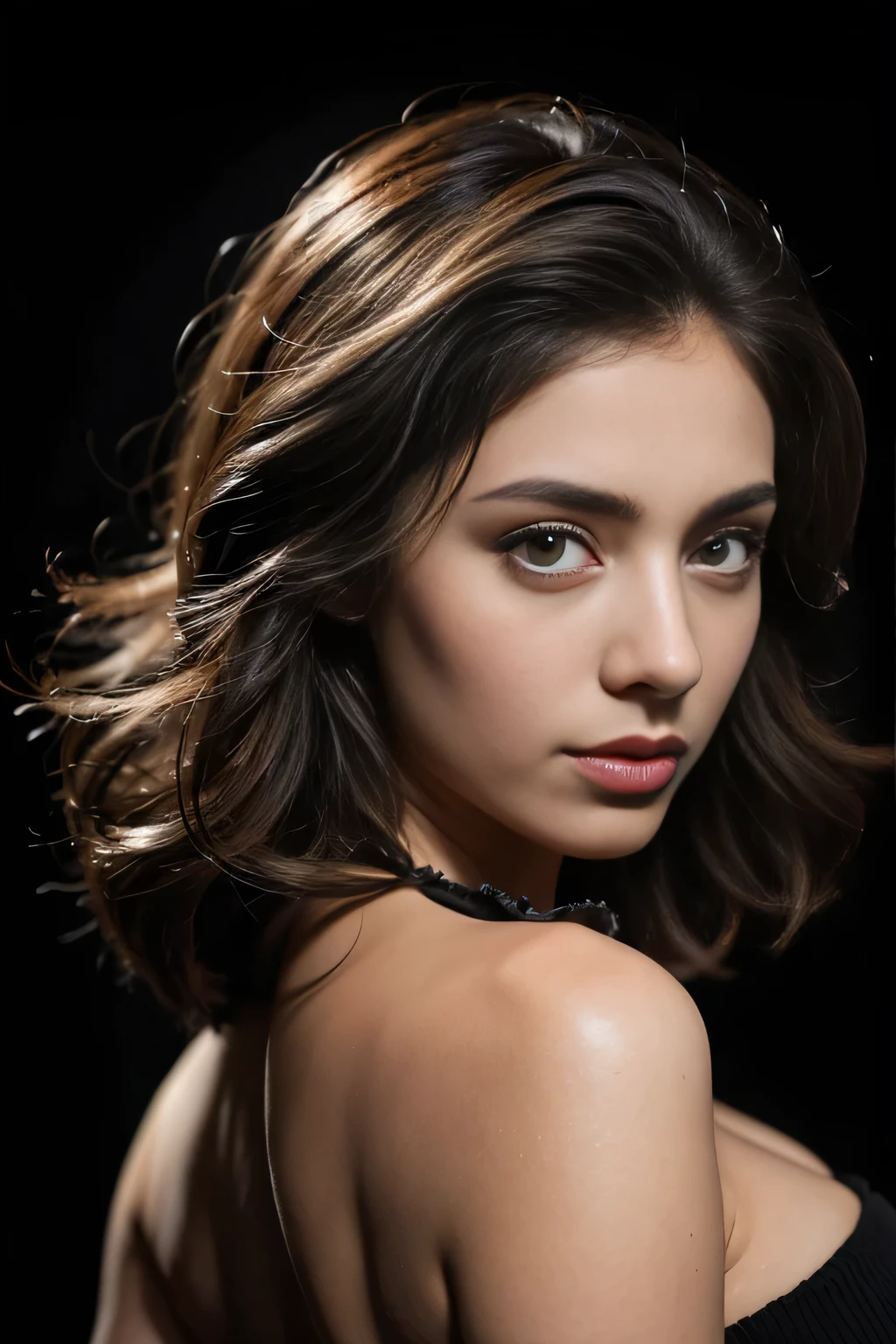 Hypersmoke, dark background, (nude), big ,(masterpiece), best quality, extremely detailed, (realistic), ((high detailed skin and eyes)), bloom, delicate and beautiful, studio photo, (from below),(1girl:1.4), (solo:1.2), fit body, large breasts, (ribbed sweater:1.3), off-shoulder sweater, (short shorts:1.2), bare shoulders, (underboob:1.2), ((dark skin:0.8)), beautiful eyes, (disheveled hair ), photography, over-the-shoulder shot, professional, canon camera, nikon camera, sharp, bokeh, studio quality, fisheye lens