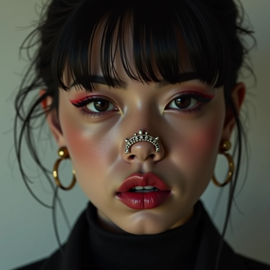 there is a woman with a red lipstick and a blue shirt, tessa thompson inspired, photo of a black woman, red lipstick on face, photo of young woman, thick red lips, headshot profile picture, headshot photo, small and thick red lips, detailed face with red lips, light skinned african young girl, solo portrait 🎨🖌️, young black woman