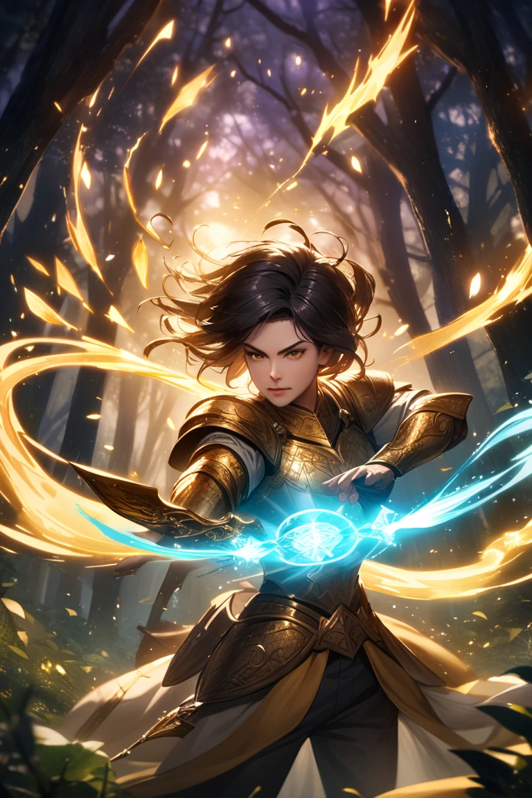a young female warrior, short brown hair, wearing heavy battle armor, shiny armor with a cross on the chest, brown eyes, paladin, divine light from the sky, best quality, 4k, 8k, highres, masterpiece:1.2, ultra-detailed, realistic, photorealistic, photo-realistic:1.37, HDR, UHD, studio lighting, ultra-fine painting, sharp focus, physically-based rendering, extreme detail description, professional, vivid colors, bokeh, digital painting, concept art, fantasy, epic, dramatic lighting, cinematic, volumetric lighting, glowing energy