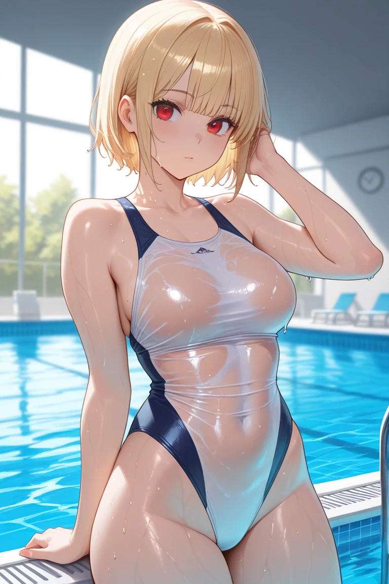 (NSFW:1.1), masterpiece, Highest quality, Ultra-high resolution, Highest Resolution, Very detailed, cowboy shot, very cute, Complete limbs, Shining Eyes, Full Finger, Slender beauty, Blonde Bun Hair, Embarrassed look, Writhing expression, school swimsuit, Glowing Skin, pool, Bubble, Wind