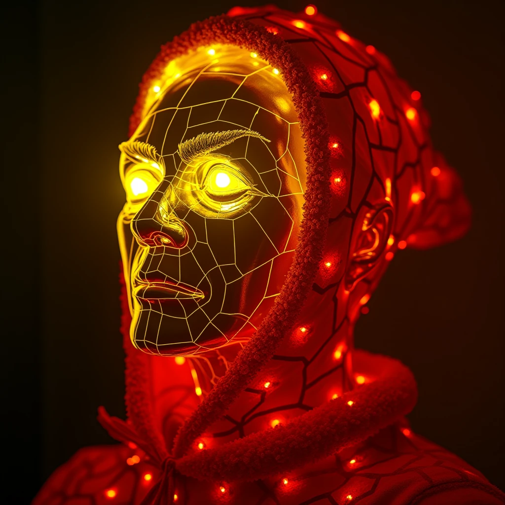 mug shot, portrait of a human wearing a black turtleneck and white glowing eyes mask with two long thin strings hanging from the top to bottom on both sides against a red background
