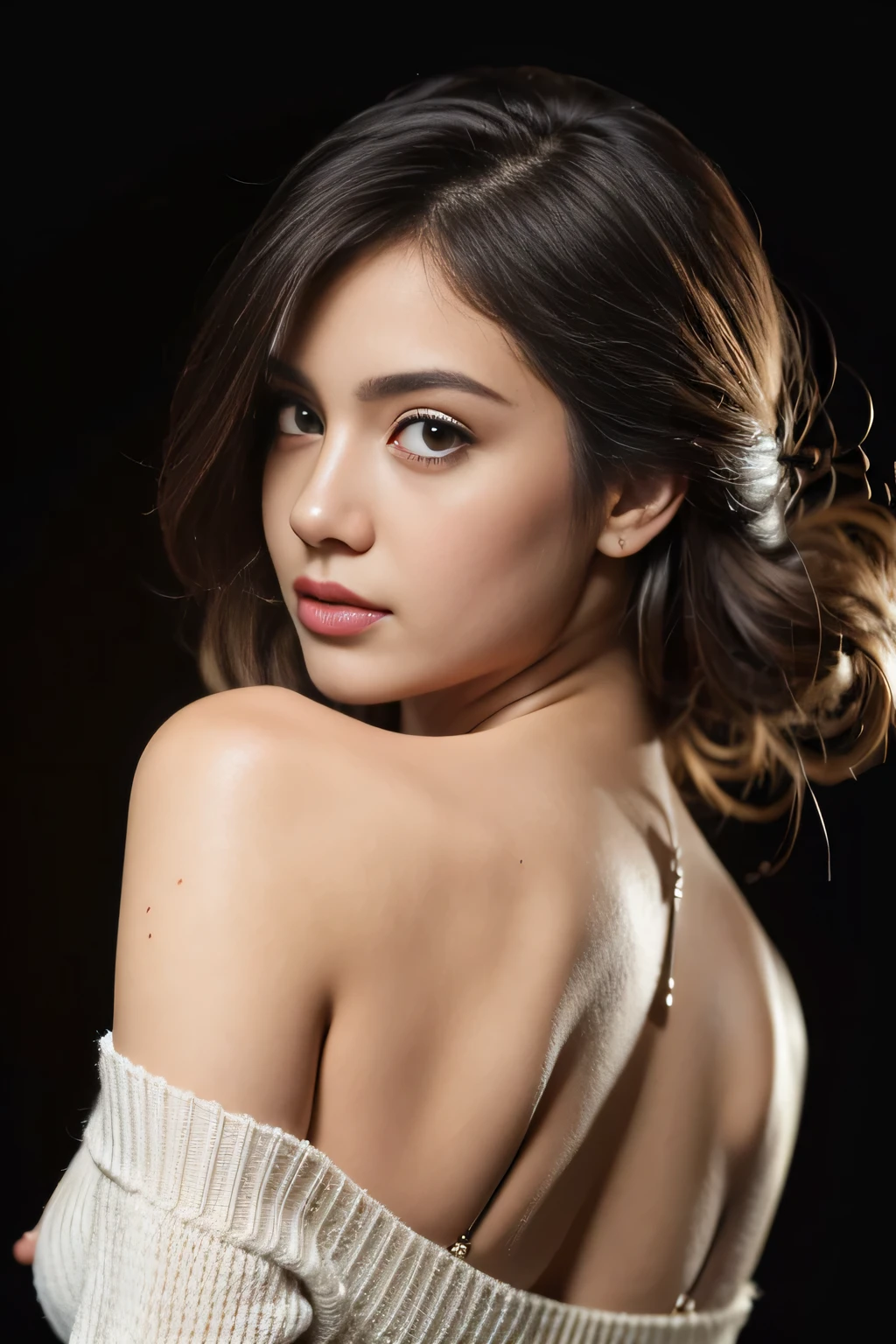 Hypersmoke, dark background, (nude), big ,(masterpiece), best quality, extremely detailed, (realistic), ((high detailed skin and eyes)), bloom, delicate and beautiful, studio photo, (from below),(1girl:1.4), (solo:1.2), fit body, large breasts, (ribbed sweater:1.3), off-shoulder sweater, (short shorts:1.2), bare shoulders, (underboob:1.2), ((dark skin:0.8)), beautiful eyes, (disheveled hair ), photography, over-the-shoulder shot, professional, canon camera, nikon camera, sharp, bokeh, studio quality, fisheye lens