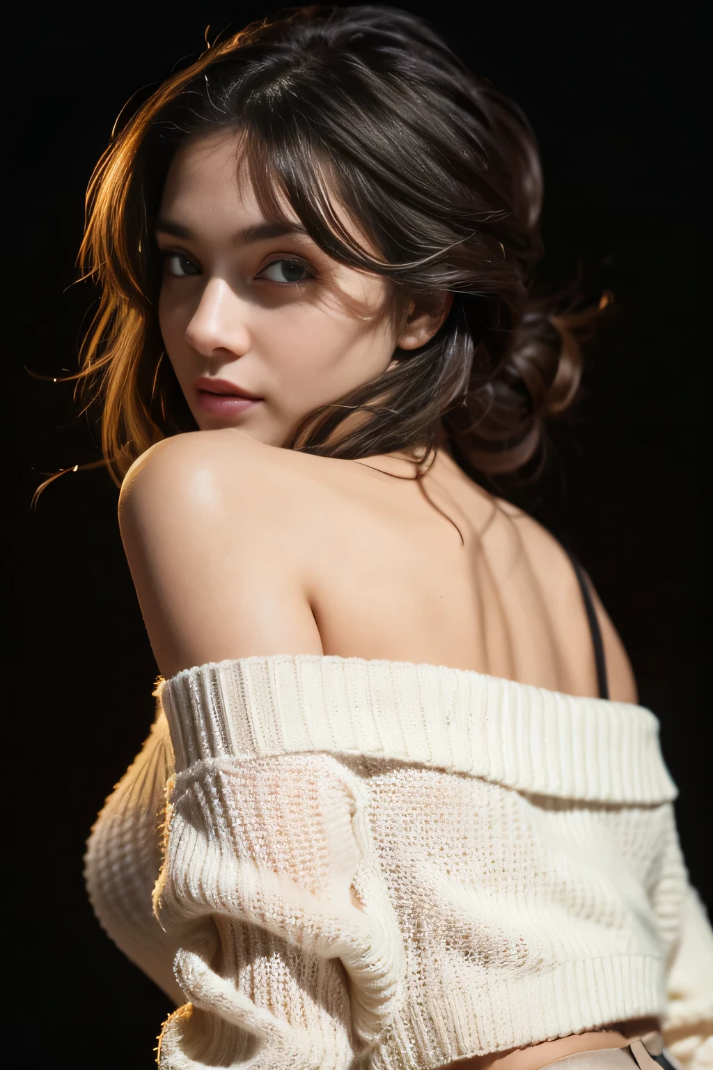 Hypersmoke, dark background, (nude), big ,(masterpiece), best quality, extremely detailed, (realistic), ((high detailed skin and eyes)), bloom, delicate and beautiful, studio photo, (from below),(1girl:1.4), (solo:1.2), fit body, large breasts, (ribbed sweater:1.3), off-shoulder sweater, (short shorts:1.2), bare shoulders, (underboob:1.2), ((dark skin:0.8)), beautiful eyes, (disheveled hair ), photography, over-the-shoulder shot, professional, canon camera, nikon camera, sharp, bokeh, studio quality, fisheye lens