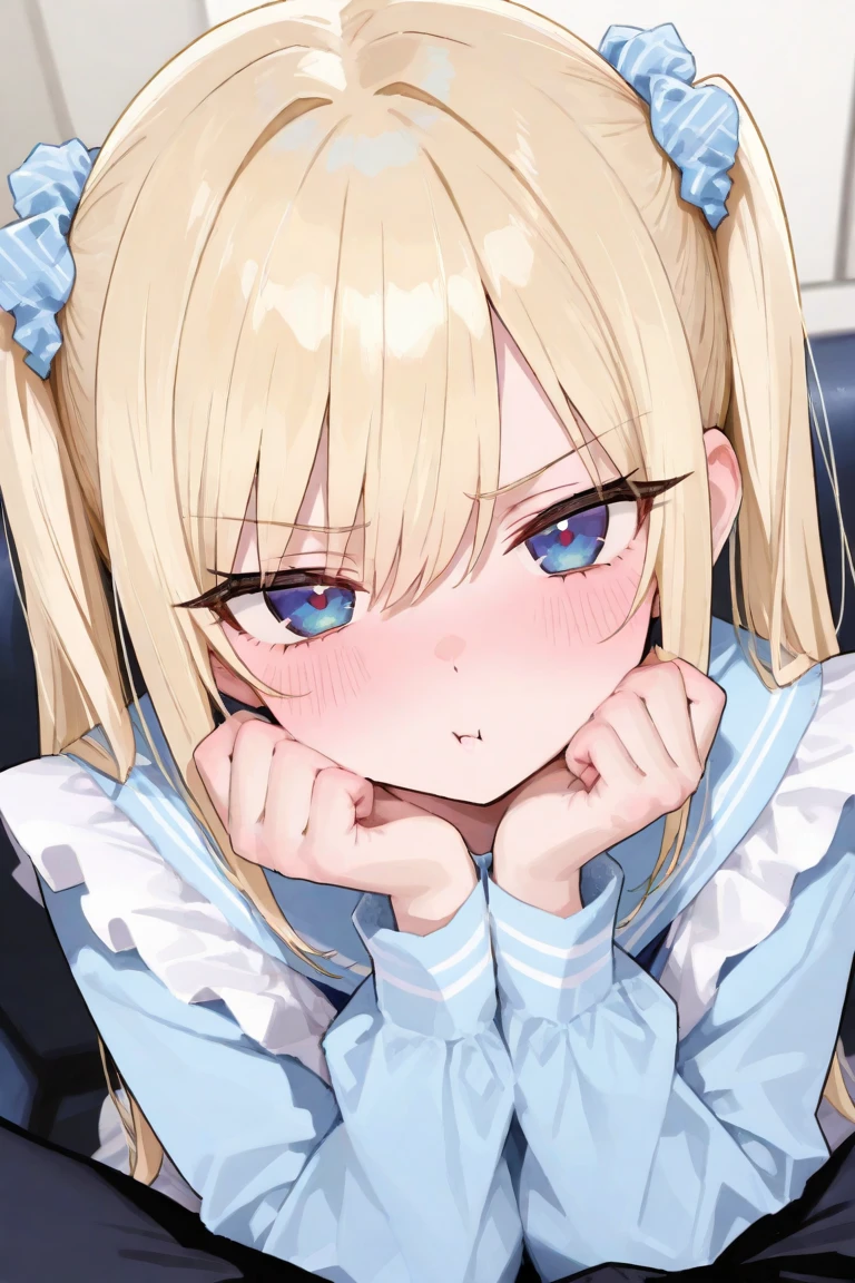 Beautiful long blonde blue eyes Embarrassing Tears are overflowing from my eyes A girl wearing a long-sleeved sailor suit Pleated skirt mini skirt No underwear Handjob 1boy, 1girl, penis