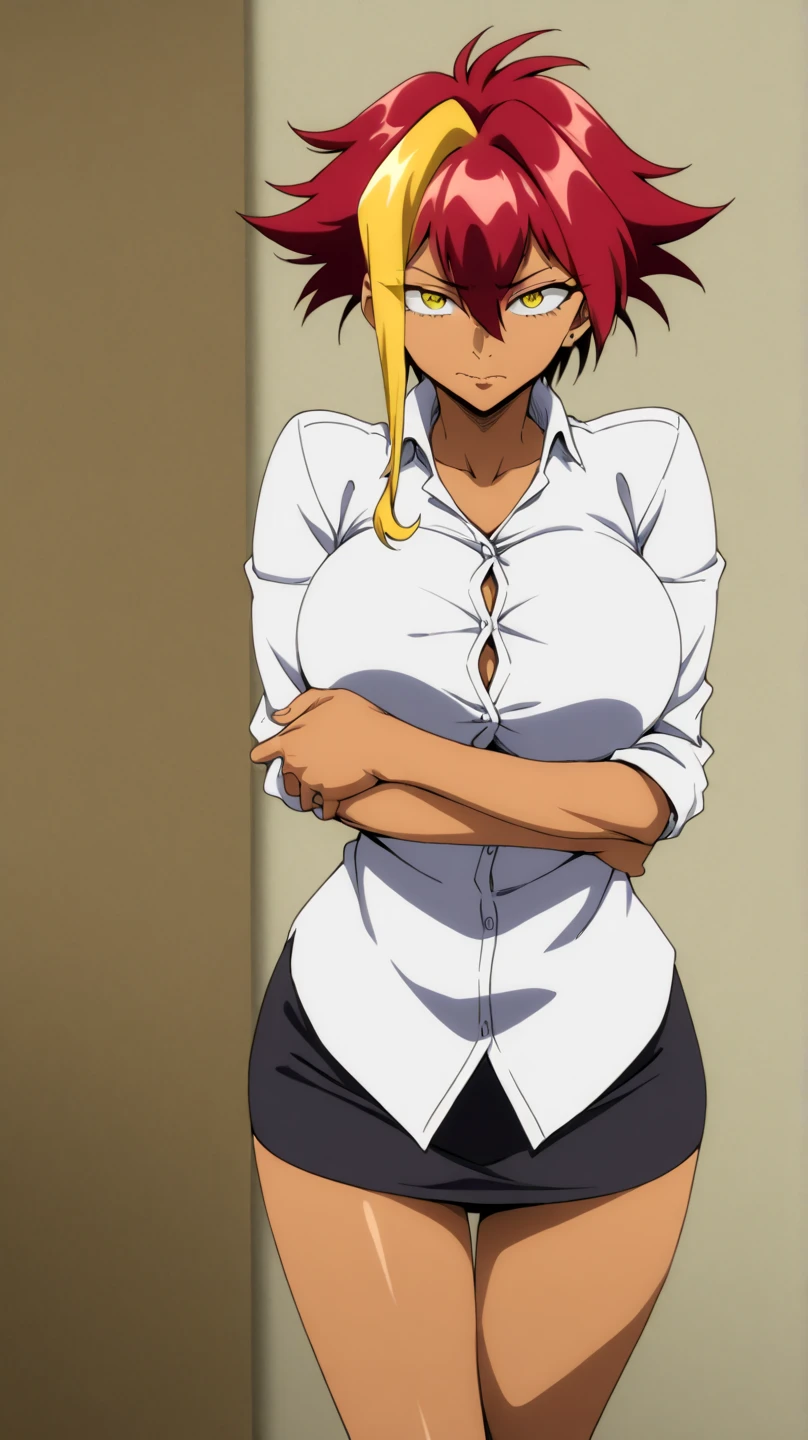  , Grappler
High quality ,  best quality , masterpiece,  High Resolution , anatomically correct,anime Coloring
1girl,solo,Cool woman, handsome woman, beauty in men's clothing
, dark-skinned female, yellow eyes, short hair, red hair, yellow hair, multicolored hair, single sidelock, large  breast_press, standing, arms hugging breast, white button collar shirt, short skirt,
