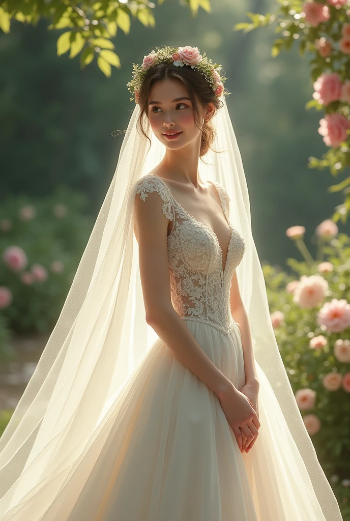 Full body beautiful and lovely white skin latin woman, 5'7" tall, ponytail medium brown hair, deep green eyes, wearing beautiful modest victorian style long white wedding dress, lace long sleeves, shoulder, breast and neck hidden by lace, victorian style high up collar, happy smile, walking outside, high hill sandals, summer sunny day, wtrath over head, bracelet, neck chain, bouquet of flowers on hands