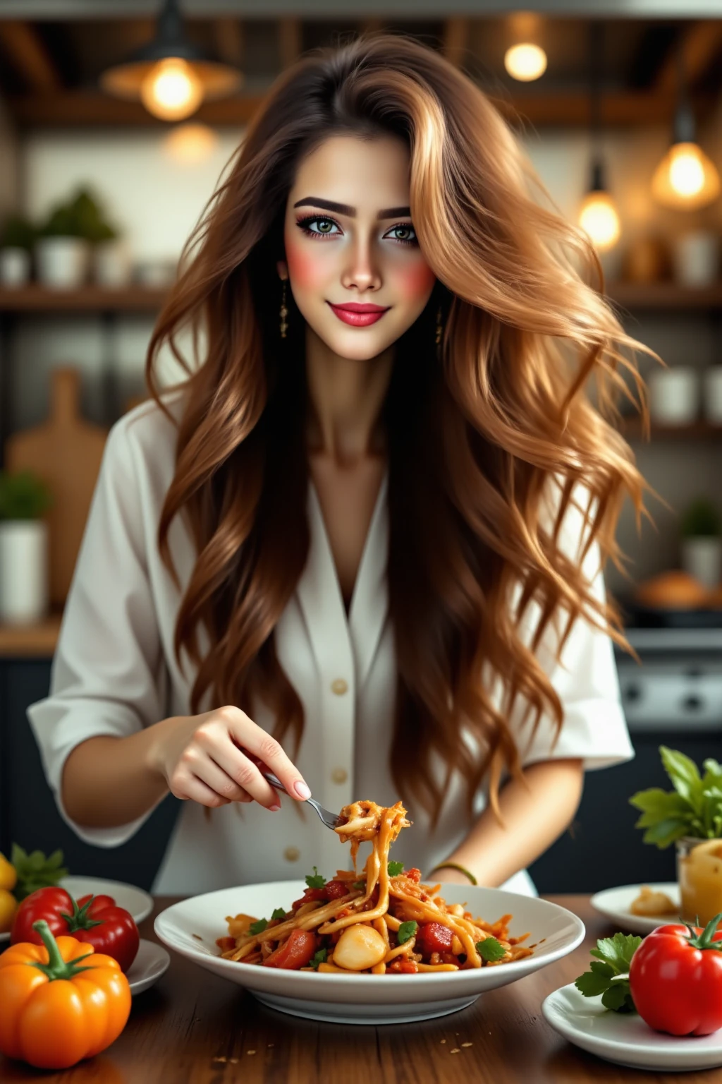 Chef showing brilliant cooking skills, delicate facial expression,  Elegant Posture , Careful cooking moves, Gorgeous kitchen interior, Abundant lighting effects, Realistic and detailed description, High Quality Oil Painting, Warm and vibrant colors, Professional-level realistic expression