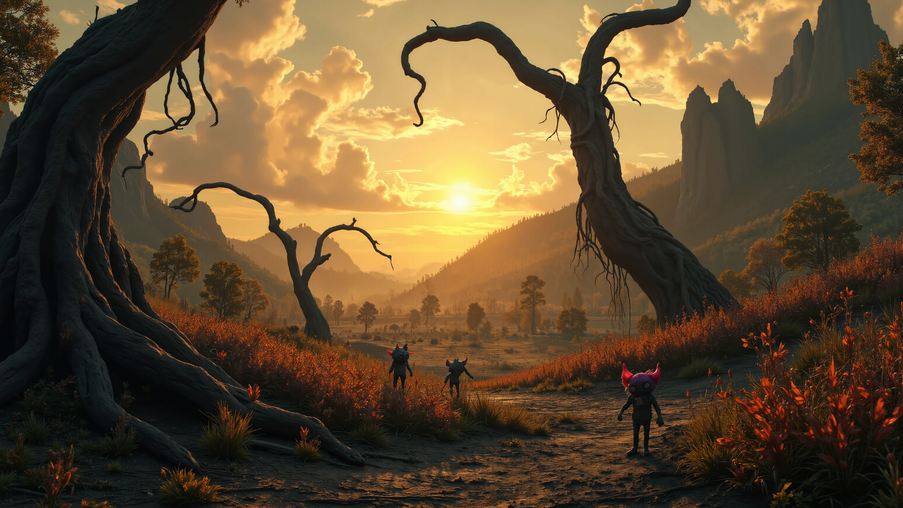 Ominous dawn breaks upon the desolate realm, (((sun))) radiance casting an unsettling glow on twisted treetops and gnarled roots. Shadows writhe like dark tentacles across the panorama, where tiny, grotesque creatures lurk in the foreground, their eldritch forms barely visible against the photorealistic backdrop of craggy mountains and foreboding skies. ray tracing, 16k, UHD, HDR, epic, cinematic, masterpiece, award winning