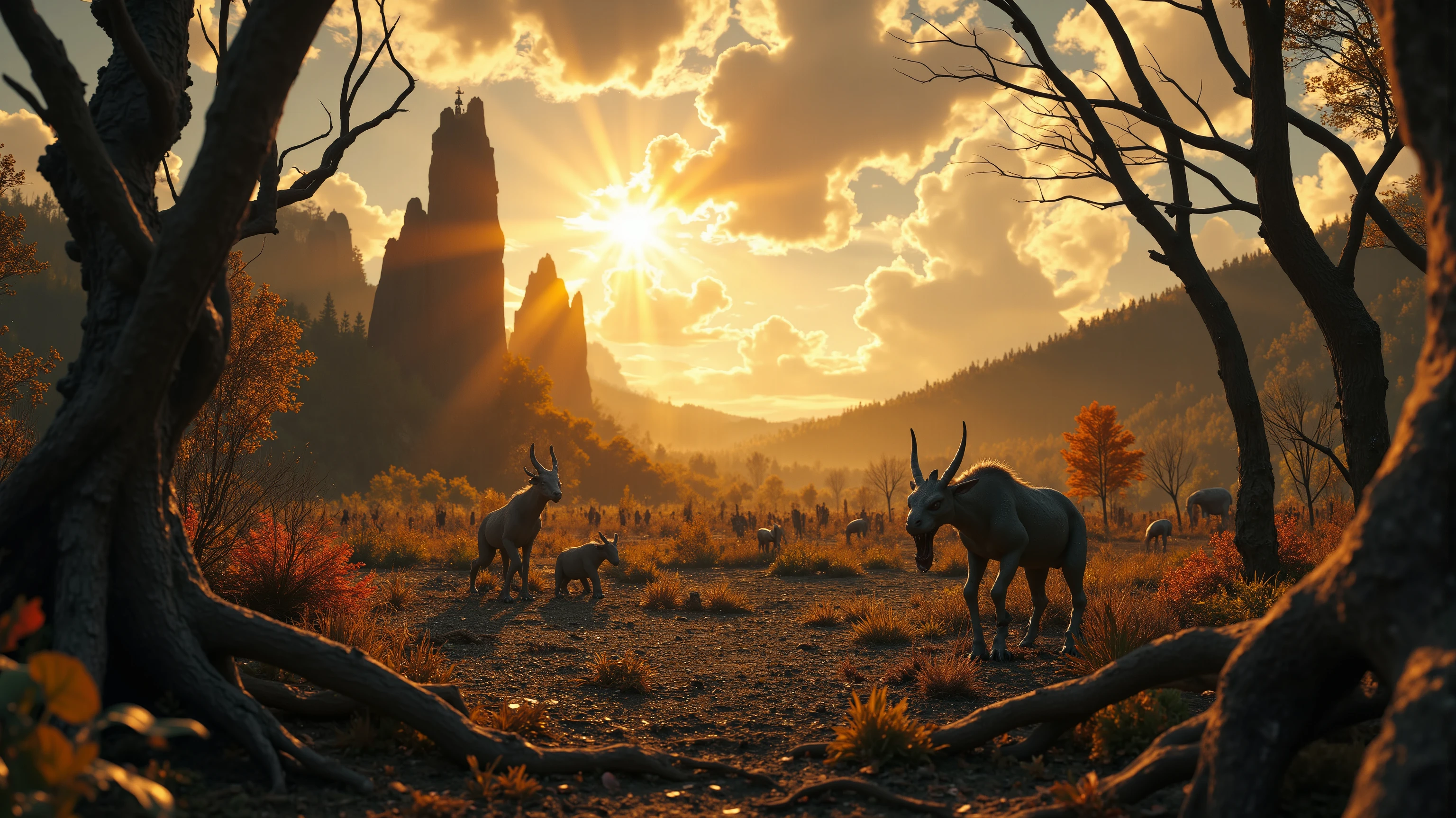 Ominous dawn breaks upon the desolate realm, (((sun))) radiance casting an unsettling glow on twisted treetops and gnarled roots. Shadows writhe like dark tentacles across the panorama, where tiny, grotesque creatures lurk in the foreground, their eldritch forms barely visible against the photorealistic backdrop of craggy mountains and foreboding skies.  ray tracing, 16k, UHD, HDR, epic, cinematic, masterpiece, award winning